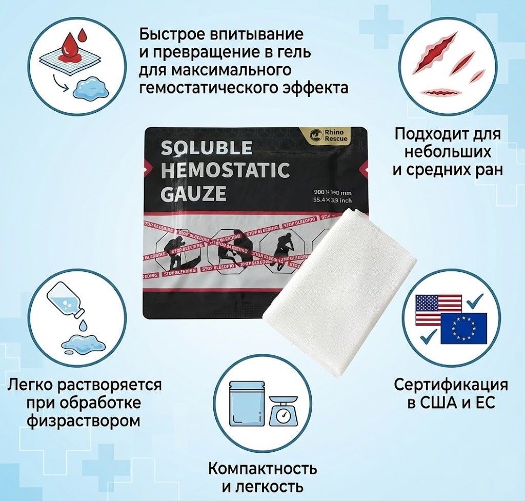 Кровоостанавливающий бинт Rhino Rescue Soluble Hemostatic Gauze PZFL0011, фото 3